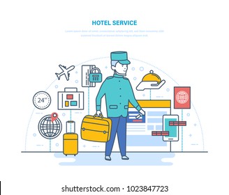 Hotel service. Online hotel reservation, booking room. Delivery of luggage, room service, entry and payment for reservation, travel, transportation, purchase of tickets. Illustration thin line design.