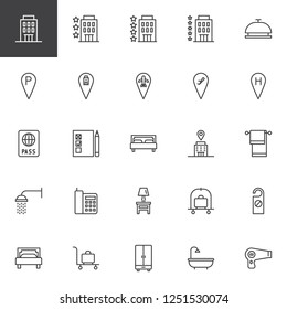 Hotel Service outline icons set. linear style symbols collection, line signs pack. vector graphics. Set includes icons as rating stars, Reception bell, building location pin, Passport, Luggage trolley