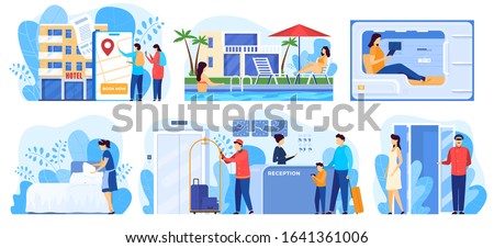 Hotel service, people cartoon characters staying in hostel, vector illustration. Luxury accommodation for travelers, professional hotel staff. People booking room online and checking in at reception