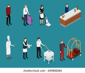 Hotel Service People Staff Set Isometric View Professional Person Man and Woman Receptionist, Customer and Waitress. Vector illustration