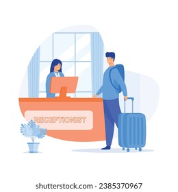 Hotel service.  Receptionist provide information to people, Reception hall with woman receptionist flat vector modern illustration 