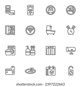 Hotel service related line icons set, outline vector symbol collection, linear style pictogram pack. Signs, logo illustration. Set includes icons as online booking, mini bar, bathroom, laundry, spa