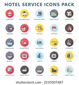 Hotel service rounded multi color icons pack, contain room service, parking, restaurant, gym, laundry and more. use for modern concept UI and UX kit, app and web development. Vector EPS 10.