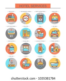 Hotel service. Set of flat, vector icons. Set contains icons such as retsepshen, fitness, bar and others.