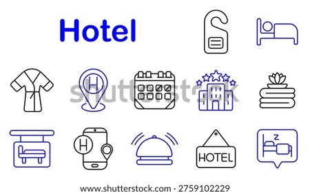 Hotel service set icon. Line style icons display door hanger, bed furniture, robe clothing, location marker, calendar booking, hotel building, spa stones, room bed, mobile booking