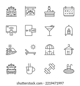 Servicio de hotel, juego de iconos de hotel de línea delgada simple, diseño de iconos vectores