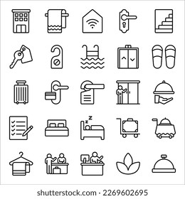 Servicio de hotel, juego de iconos de hotel de línea delgada simple, ilustración vectorial en fondo blanco