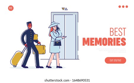 Hotel Service And Staff Concept. Website Landing Page. Porter is Escorting Business Woman To Apartments And Carrying Luggage. Web Page Cartoon Outline Linear Flat Vector illustration.