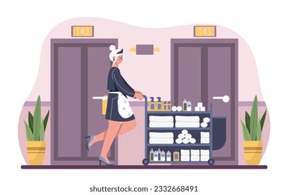 Hotel service staff concept. Woman in uniform with trolley of cleaning products. Room and lobby cleaning, customer service, tourists and travelers. Cartoon flat vector illustration