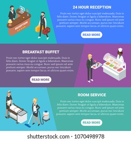 Hotel service vector flat isometric horizontal banner set. 24 hour reception, Breakfast buffet, Room service concept design elements.