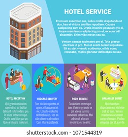 Hotel service vector flat isometric poster, banner with hotel building, copy space and hotel reception, luggage delivery, breakfast buffet, room service concept design elements.