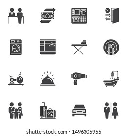 Hotel service vector icons set, modern solid symbol collection, filled style pictogram pack. Signs, logo illustration. Set includes icons as laundromat, reception, restaurant, gym, shower, toilet