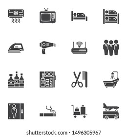 Hotel service vector icons set, modern solid symbol collection, filled style pictogram pack. Signs, logo illustration. Set includes icons as  air conditioner, tv, bed, hair dryer, wifi, alcoholic bar