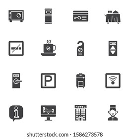 Hotel service vector icons set, modern solid symbol collection, filled style pictogram pack. Signs, logo illustration. Set includes icons as car parking, wireless key, safe box, information support