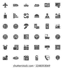 Conjunto de iconos vectoriales de servicio de hotel, colección moderna de símbolos sólidos, paquete de pictogramas estilo relleno. Señales, ilustración del logotipo. El juego incluye iconos como reserva, viajes, pasaporte, recepcionista, comida de restaurante