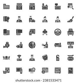 Hotel service vector icons set, modern solid symbol collection, filled style pictogram pack. Signs, logo illustration. Set includes icons as Luggage, Maid service, In-Room Dining, Online booking