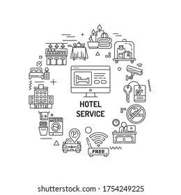 Hotel service web banner. Amenities for for guests. Hotel resort. Reservation apartament. Infographics with linear icons on white background. Creative idea concept Isolated outline black illustration