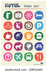 Hotel and service web icons set drawn by chalk. Hand drawn vector elements pack isolated on paper