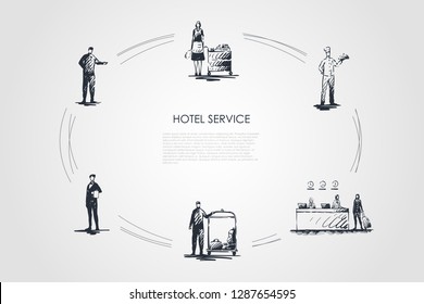 Hotel service -workers at reception, cleaning service, chef, waiter and concierge vector concept set. Hand drawn sketch isolated illustration