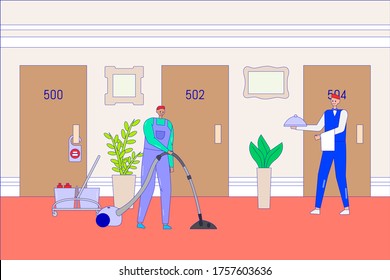 Hotel serviceman and waiter in hall, vector illustration. Man staff clean customer guest rooms and bring order food from restaurant. Hard work at luxury hotel design building, character in uniform.
