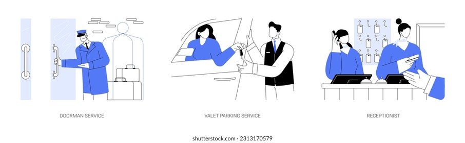 Hotel services abstract concept vector illustration set. Doorman and porter service, valet parking, hotel receptionist gives a key to client, hospitality business, travel service abstract metaphor.