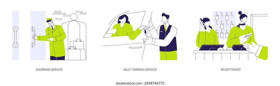 Hotel services abstract concept vector illustration set. Doorman and porter service, valet parking, hotel receptionist gives a key to client, hospitality business, travel service abstract metaphor.