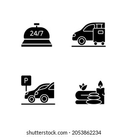 Hotel services black glyph icons set on white space. Light morning meal served in hotels for customers. Special meal included in hotel cost. Silhouette symbols. Vector isolated illustration