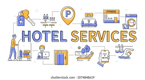 Hotel services - colorful line design style banner. Comfortable vacation idea. Images of a bar, comfortable rooms, fitness space, swimming pool, parking lot and lounge area. Friendly staff