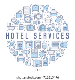 Hotel services concept in circle with thin line icons of facilities in room. Vector illustration for banner, web page, print media.