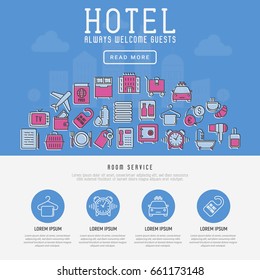Hotel services concept with thin line icons on city background. Vector illustration for web site or banner.