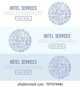 Hotel services concept with thin line icons of facilities in room. Vector illustration for banner, web page, print media.