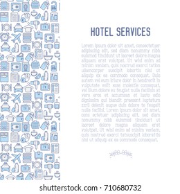 Hotel services concept with thin line icons of facilities in room. Vector illustration for banner, web page, print media.