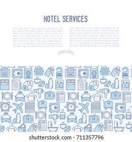 Hotel services concept with thin line icons of facilities in room. Vector illustration for banner, web page, print media.