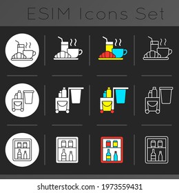 Hotel services dark theme icons set. Light morning meal served in hotels. Special meal included in hotel cost. Linear white, solid glyph and RGB color styles. Isolated vector illustrations