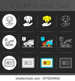 Hotel services dark theme icons set. Pet friendly hotels for visiting with animals. Hotels which have all features. Linear white, solid glyph and RGB color styles. Isolated vector illustrations