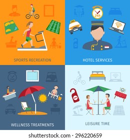 Hotel services design concept set with sports recreations and wellness treatments flat icons isolated vector illustration