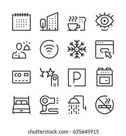 Hotel services and hotel facilities line icons set. Modern graphic design concepts, simple outline elements collection. Vector line icons