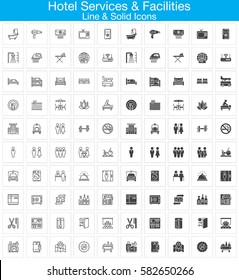 Hotel services and facilities line and solid icons set, outline and filled vector symbol collection, linear and full signs pack. Set includes icons as hotel, bed, reception, safe, tv, pool, key, map