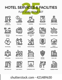 Hotel services and facilities premium quality flat line vector icons set. Accommodation features outline symbols collection. Linear pictograms bundle on check-in, breakfast, concierge, laundry, etc.