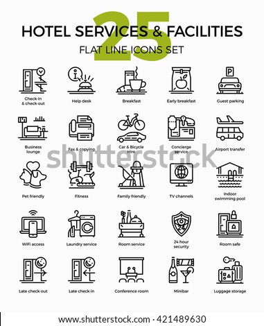 Hotel services and facilities premium quality flat line vector icons set. Accommodation features outline symbols collection. Linear pictograms bundle on check-in, breakfast, concierge, laundry, etc.
