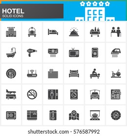 Hotel services and facilities vector icons set, modern solid symbol collection, filled style pictogram pack. Signs, logo illustration. Set includes icons as hotel, bed, reception, safe, tv, pool, key