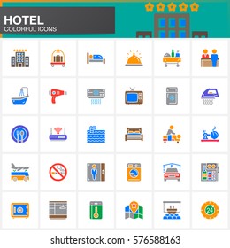 Hotel services and facilities vector icons set, modern solid symbol collection, filled colorful pictogram pack. Signs, logo illustration. Set includes icons as hotel, bed, reception, safe, pool, key