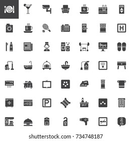 Hotel services and facilities vector icons set, modern solid symbol collection, filled pictogram pack. Signs, logo illustration. Set includes icons as hotel, reception, laundry, bell boy, sofa