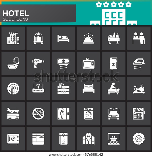 Hotel services and facilities vector icons set,\
modern solid symbol collection, filled white pictogram pack. Signs,\
logo illustration. Set includes icons as hotel, bed, reception,\
safe, tv, pool, key