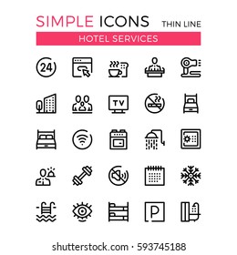 Hotel services and hotel facilities vector thin line icons set. 32x32 px. Modern line graphic design concepts for website, web design, mobile app, infographics. Pixel perfect vector outline icons set