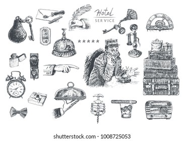 Hotel Services and Facilities. Vintage Art Deco vector lineart engraving set. Hotel porter. Key and reception bell, travel luggage,  handles, old cellphone, alarm clock, lift button, radio