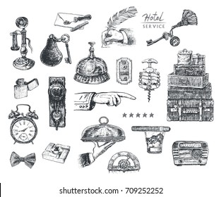 Hotel Services and Facilities. Vintage Art Deco vector lineart engraving set. Hotel key and reception bell, travel luggage,  handles, old cellphone, alarm clock, lift button, radio