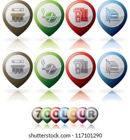 Hotel / hotel services, / hotel features icons from left to right, top do bottom:  Hotel Bar, No Smoking Rooms, Bathroom with Shower, Spanish-speaking staff available.