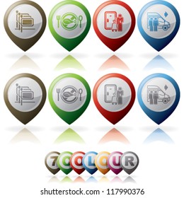 Hotel / hotel services, / hotel features icons from left to right, top do bottom:  German-speaking staff available, Vegetarian Food, Room Service, Shuttle Service.