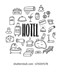 Hotel services hand drawn doodle icons.